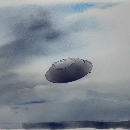 Image similar to high - angle view, from 1 0 0 0 feet in distance, vague uap interstellar vehicle on top of dramatic moody clouds in the sky, muted ink and pearlescent watercolor. minimalist, detailed, muted colors. ue 5