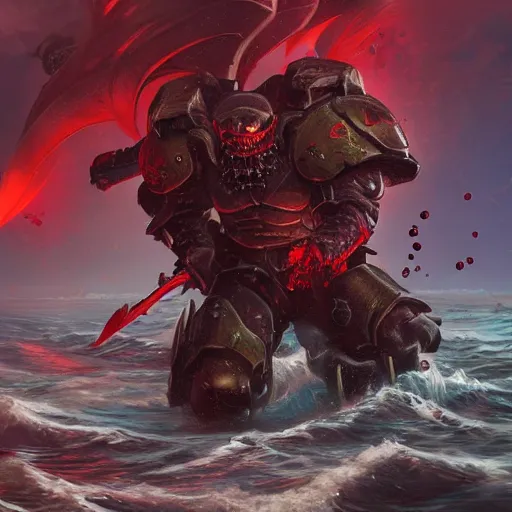 Image similar to Doomslayer fighting ocean demons, artstation, high detail