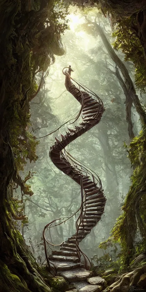 Image similar to a man walking up a steep and winding staircase, in magical woods, intricate, elegant, highly detailed, unreal engine, artstation, concept art, sharp focus, beautiful illustration, society, by justin gerard and artgerm, 8 k