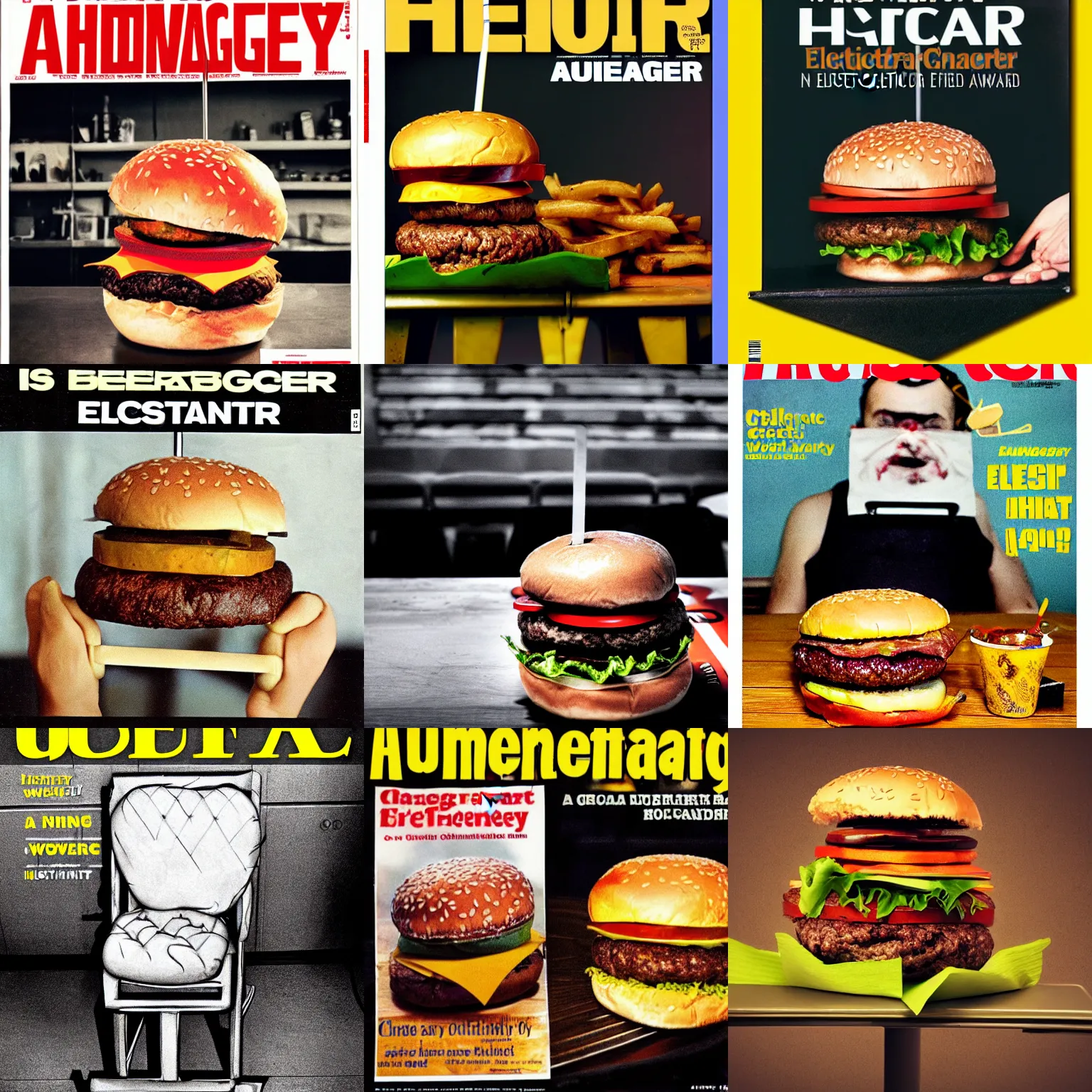 Prompt: a hamburger sitting on the electric chair, electric chair, award winning photograph, magazine cover, social commentary