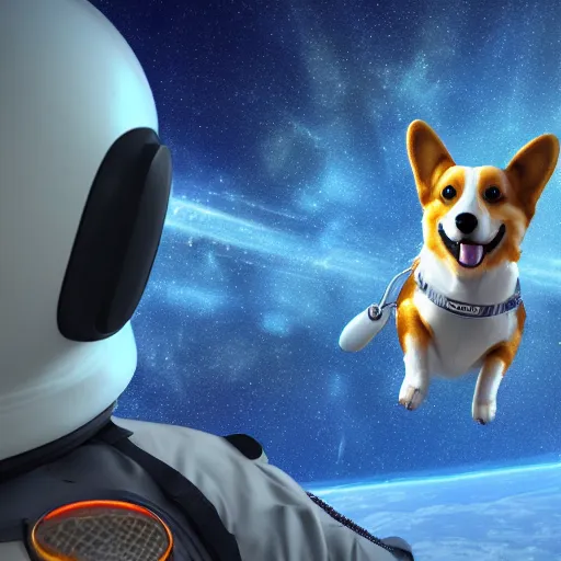 Prompt: a hyperrealistic digital render of a happy cyberpunk corgi in a soviet spacesuit, floating in space, symmetry, sharp focus