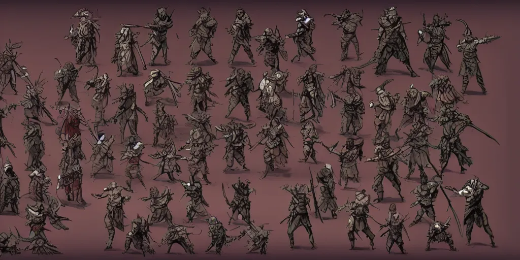 Prompt: warrior enemy character design. idle. attack. sprite sheet, darkest dungeon. pc game. sideview. transparent background. art by moebius and greg rutkowski.