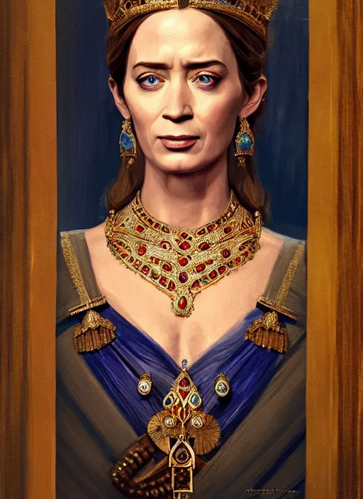 Image similar to portrait of emily blunt as indian queen, jewelry, greek, sapphire, victorian age, 1 8 9 0, intricate, headshot, key visual, conceptart, ambient lighting, highly detailed, digital painting, artstation, concept art, sharp focus, by makoto shinkai and akihiko yoshida and greg manchess