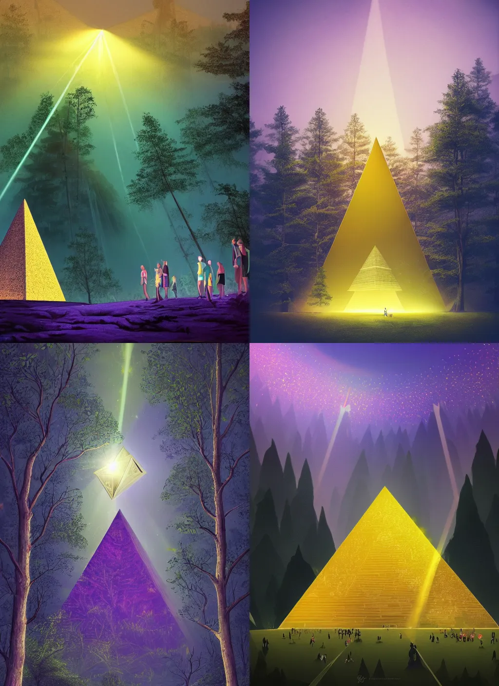 Prompt: a ultradetailed beautiful illustration of an inverted pyramid floating above a forest, a beam of light comes out of the center of the pyramid into the forest, there is a crowd of people observing,, pastel color, dim dusk lighting, cinematic lighting, detailed lighting, volumetric lighting, realistic, f 8, 4 k hd wallpaper, poster, yellow and purple color scheme