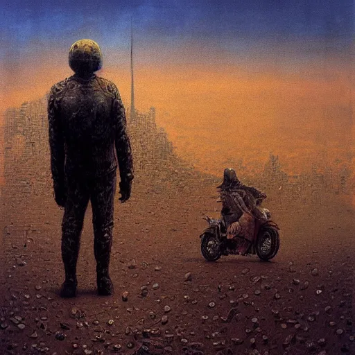 Prompt: lone apocalyptic traveler on a motorcycle riding through new york, highly detailed beksinski painting