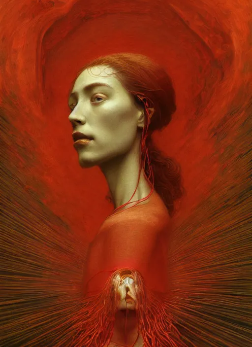 Image similar to Woman masterpiece, red, golden halo behind her head, red wires wrap around, by Edgar Maxence and Ross Tran, Zdzisław Beksiński, and Michael Whelan, distant, gustav dore, H.R. Giger, 8k, octane render