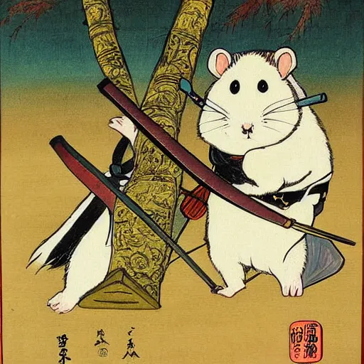 Image similar to japanese hamster samurai. with katana. anime art. old painting. sacura forest