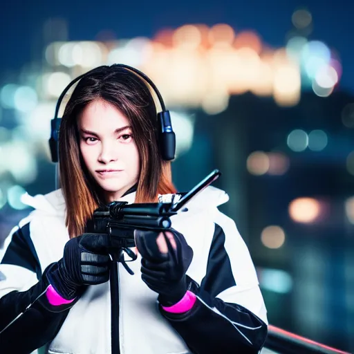 Image similar to photographic portrait of a techwear woman holding a shotgun, closeup, on the rooftop of a futuristic city at night, sigma 85mm f/1.4, 4k, depth of field, high resolution, 4k, 8k, hd, full color