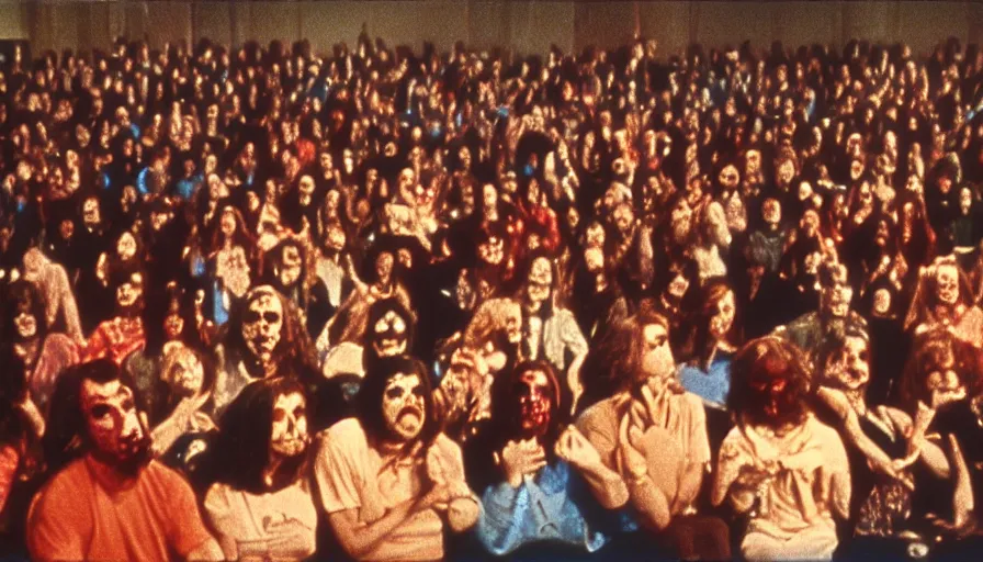 Image similar to 7 0 s film still from a horror movie of the price is right audience filled with zombies, kodachrome, cinecolor, cinestill, photorealism, cinematic, film grain, film texture, vhs recording