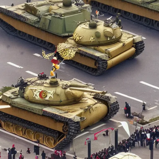 Prompt: 1 9 8 9 tiananmen square protest, winnie the pooh sitting in front of chinese type 5 9 battletank, dystopian, highly detailed, photorealistic, octane render, 8 k, unreal engine. art by artgerm and greg rutkowski and alphonse mucha, epic vibrant aerial cinematic still