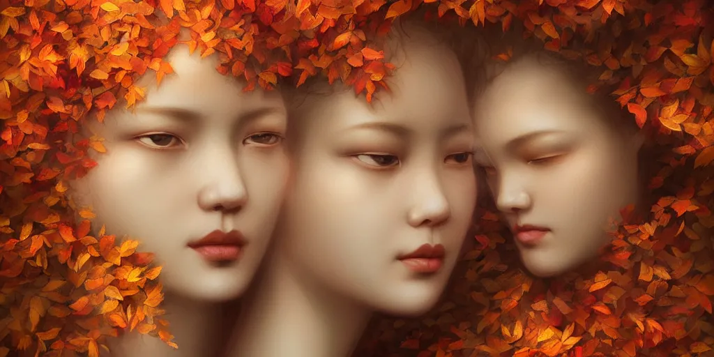 Image similar to breathtaking detailed concept art painting art deco pattern of short hair curly blonde goddesses faces amalgamation autumn leaves, by hsiao - ron cheng and volegov, bizarre compositions, exquisite detail, extremely moody lighting, 8 k