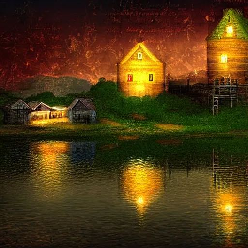 Image similar to a lamplit village on the coast of a lake, deep underground digital art