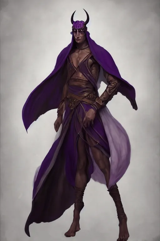 Prompt: djinn man male demon warlock, portrait, full body character, concept art, purple cloak, single face, illustration, white spiral horns, cinematic color grading, editorial photo, fashion, hyperrealism, realism, trending on artstation, Charlie Bowater, WLOP