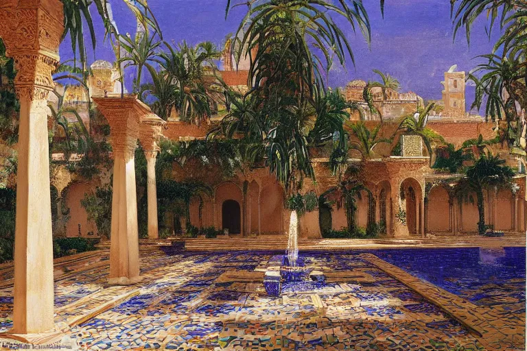 Image similar to painting of a beautiful moorish palace courtyard garden, by rudolf ernst and maxfield parrish, patterned tilework, palm trees, tiled fountains, extremely detailed, cinematic lighting, smooth sharp focus