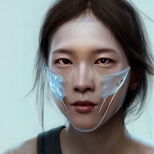 Prompt: asian - european woman face portrait, wearing glass face mask translucent, ethereal, highly detailed, by andrew chiampo, beeple, artstation, and frederik heyman, extremely detailed woman, stunning volumetric lighting, hyper realism, fantasy, intricate detail,