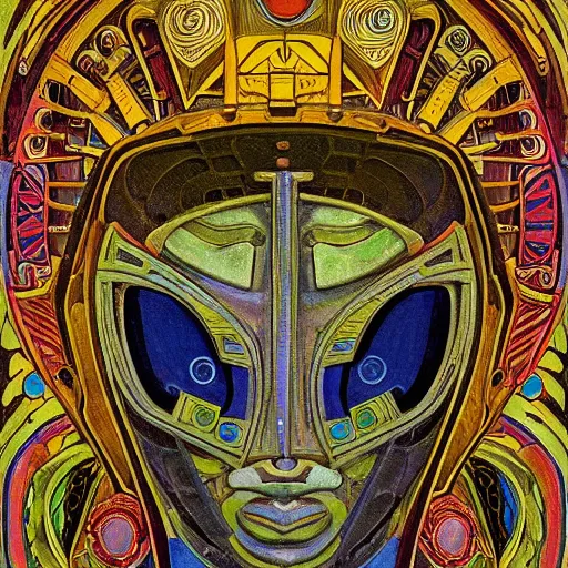 Image similar to the robot in her intricate mechanical mask, by annie swynnerton and diego rivera and kit williams and leo and diane dillon, symbolist, dramatic lighting, elaborate geometric ornament, art brut, god rays, soft cool colors, smooth, sharp focus, extremely detailed, adolf wolfli