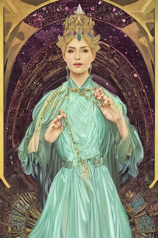 Prompt: a full body tarot card of the ancient empress of dreams, long and beautiful floor length starlight dress with braided silver hem, jade tiara and necklace, space, universe, portrait, highly detailed, deep focus, elegant, digital painting, smooth, sharp focus, illustration, ultra realistic, 8 k, art by artgerm and alphonse mucha