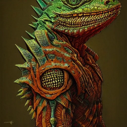 Image similar to tribal lizardman warrior full body concept, lizard head, dragon head, wearing tribal armor, beksinski