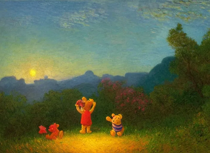 Image similar to romanticism impressionism landscape painting of winnie the pooh characters at night, night time, colorful paper lanterns, in the style of hudson river school and thomas cole and albert bierstadt and robert duncanson and vincent van gogh and claude monet