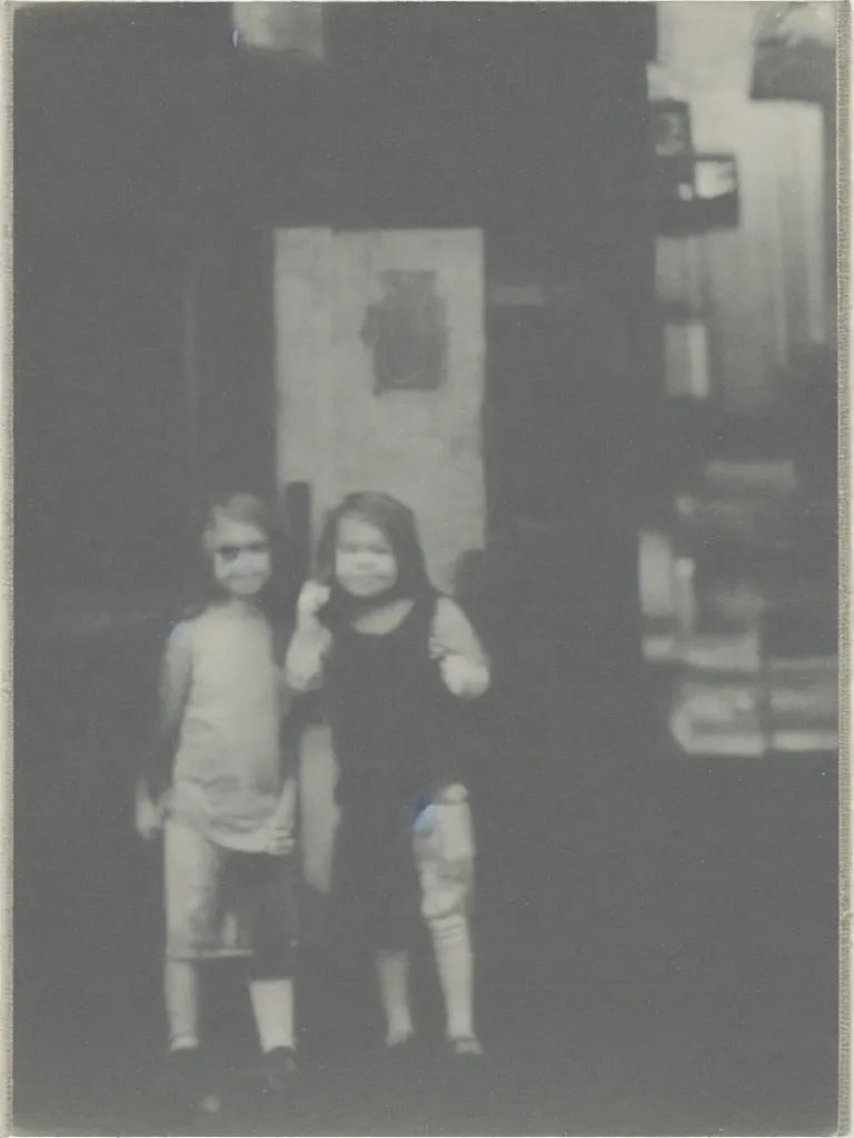 Prompt: two kids posing for a picture at night, small town, town square, dimly lit, faded polaroid