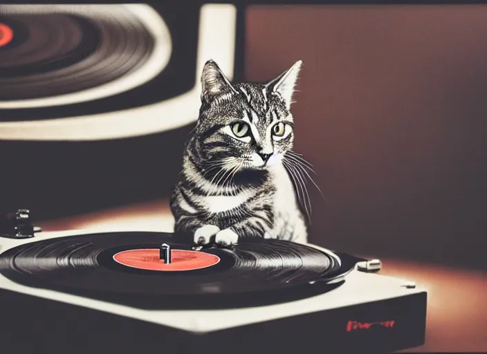 Image similar to photography of a Cat sitting on a record player. in a room full of vinyls and posters out of the 70's, photorealistic, raining award winning photo, 100mm, sharp, high res