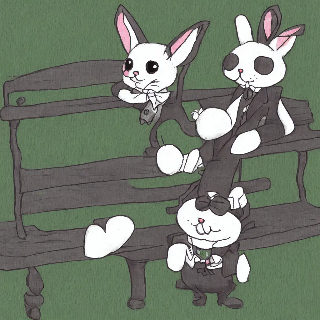 Image similar to a dapper chibi bunny rabbit in formal wear with a monocle sitting on a park bench on a sunny day, digital art