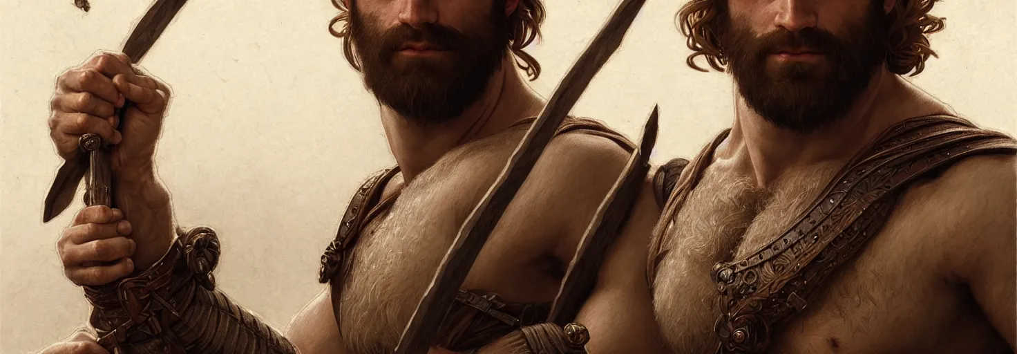 Image similar to renaissance upper body portrait of a gruff ranger with a spear, lean and toned, handsome face, hairy chest, D&D, intricate, elegant, highly detailed, digital painting, artstation, concept art, matte, sharp focus, illustration, art by da Vinci, Artgerm and Greg Rutkowski and Alphonse Mucha