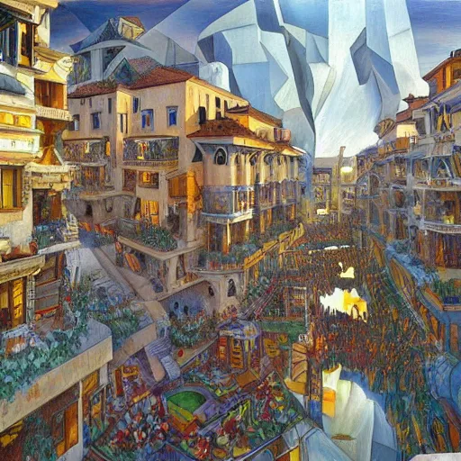 Image similar to a painting of a cubist village with a parade, open windows, chandelier, pillars of marble, waterfalls, fantasy art by JohannesVoss, Donato Giancola, Aleksi Briclot, Eric Deschamps, trending on artstation