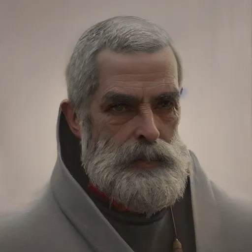 Image similar to An oil painting of a man dressed in priest robes, 50 years old, short grey hair, trimmed beard, sharp facial features, beautiful, highly detailed, by Cédric Peyravernay, by greg rudkowski, trending on artstation