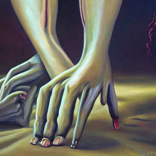 Prompt: a car crawling with human hands and feet, surrealist painting, high detail, weirdness, creepy