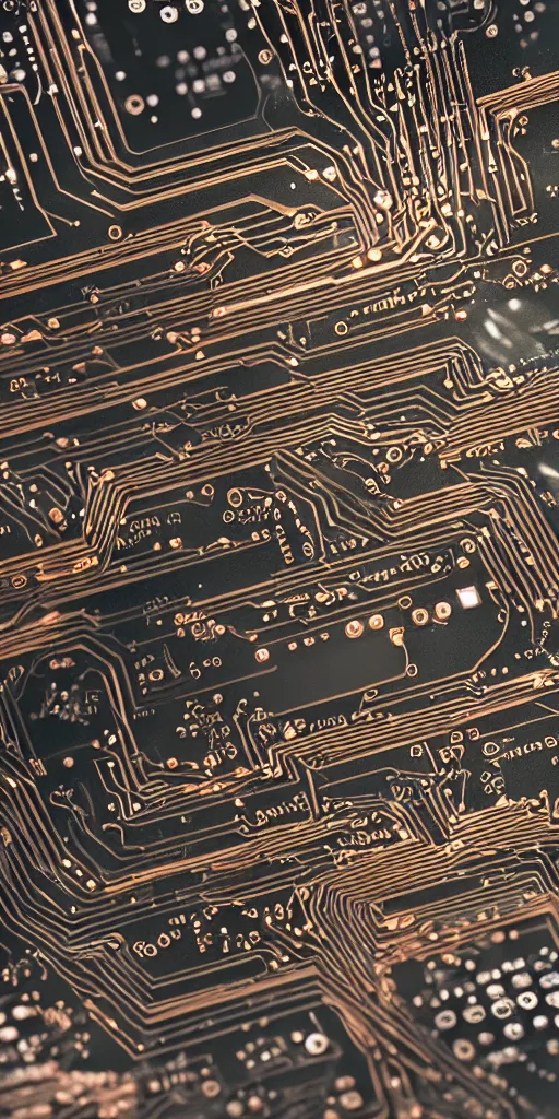 Prompt: densely detailed black and copper computer circuits, transistors, led, wire, macro photography, translucent pastel panels, smooth stylised shapes, embedded in clear epoxy, macro, overlaping layers, hyperrealistic vfx render