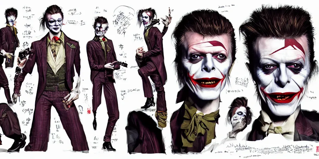 Image similar to david bowie as the joker, character sheet, concept design, contrast, kim jung gi, greg rutkowski, zabrocki, karlkka, jayison devadas, trending on artstation, 8 k, ultra wide angle, pincushion lens effect