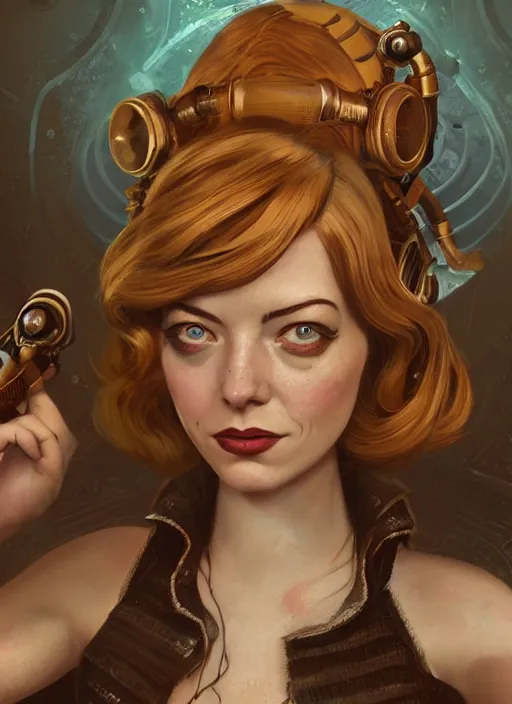 Image similar to Bioshock steampunk portrait of Emma Stone, au naturel, hyper detailed, digital art, trending in artstation, cinematic lighting, studio quality, smooth render, unreal engine 5 rendered, octane rendered, art style by klimt and nixeu and ian sprigger and wlop and krenz cushart