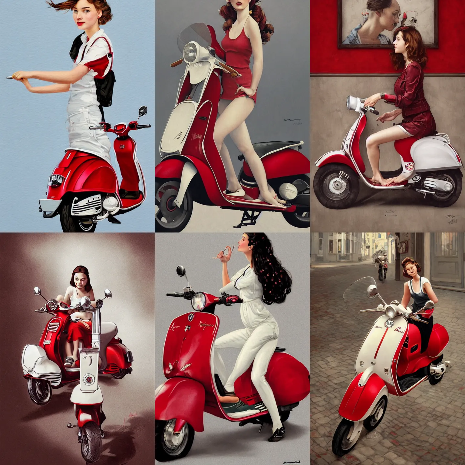 Prompt: a cute young woman next to a white and cherry red vespa on white background, intricate, highly detailed, digital painting, artstation, concept art, smooth, sharp focus, illustration, art by norman rockwell, emiliano ponzi, andrey remnev, yoann lossel, aaron jasinski, 8 k