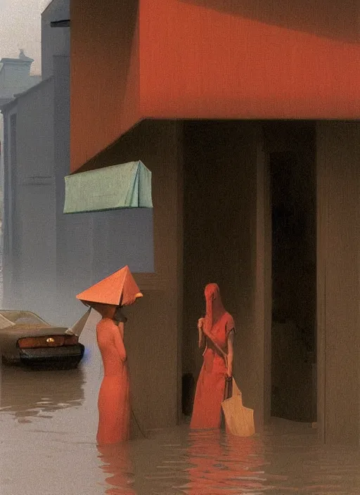 Image similar to woman in paper bag over the head on flooded street Edward Hopper and James Gilleard, Zdzislaw Beksinski, highly detailed