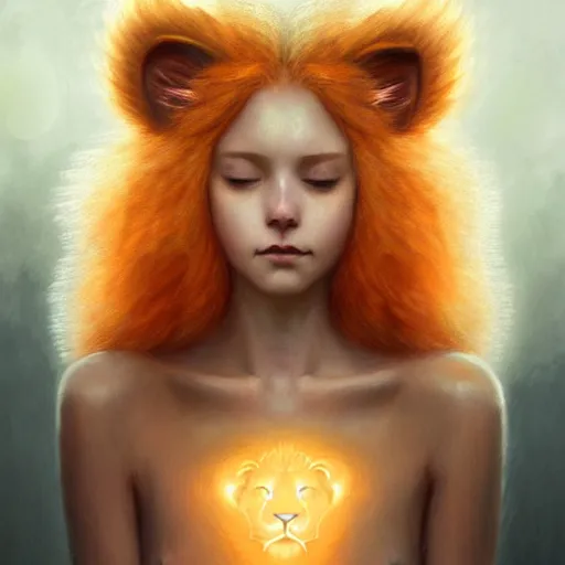 Image similar to Portrait of a girl angel with pale orange colored frizzy strands of illuminated hair, cat ears on her head, glowing halo, Lion's Mane, Lion's Gate, fantasy, intricate, elegant, highly detailed, digital painting, artstation, concept art, smooth, sharp focus, illustration, art by Krenz Cushart and Artem Demura and alphonse mucha