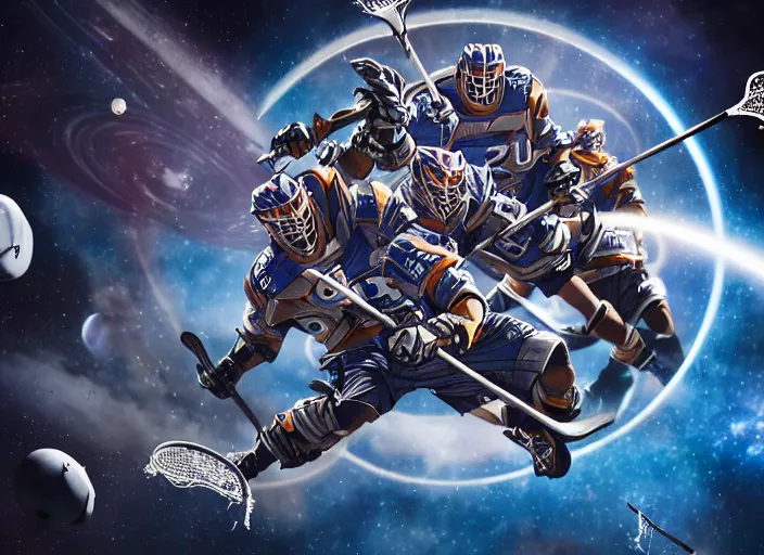 Image similar to lacrosse team versus chitauri, playing intergalactic championship, in space, highly detailed, 8k, intricate, sony a7r iv 55mm, award winning.