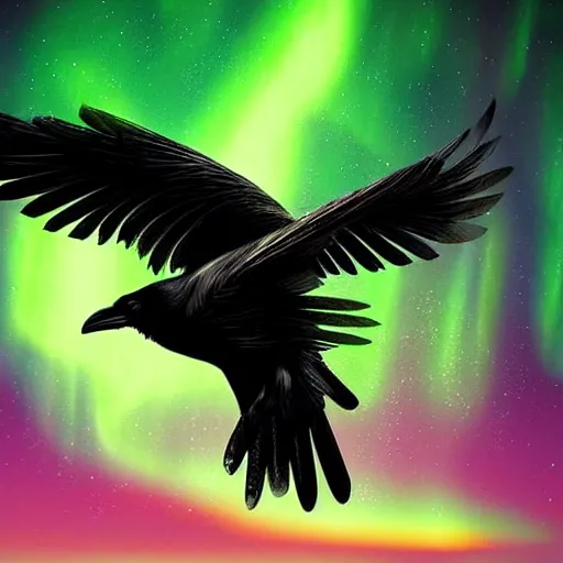 Image similar to detailed digital art, realistic, raven flying through the dark night with a mysterious aurora borealis, by naomi chen, cgsociety