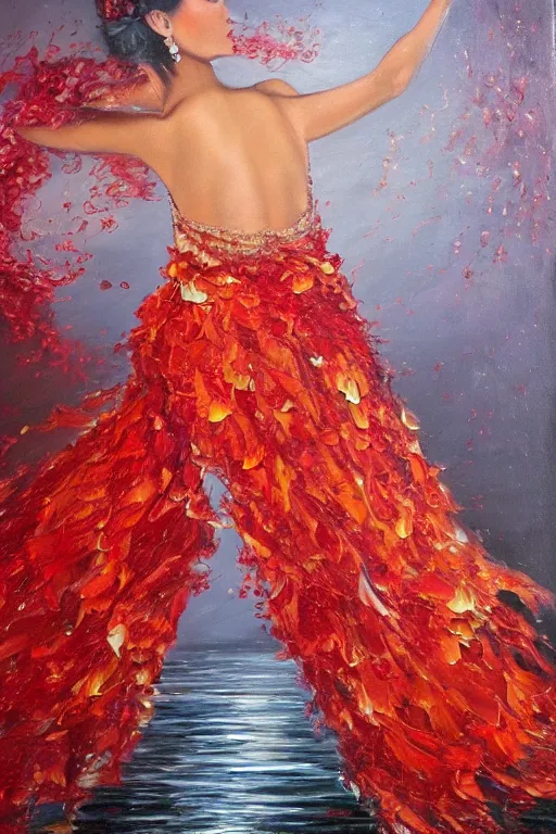 Prompt: detailed oil painting of spanish flamenco dancer walking waist deep into a crystal clear lake wearing a red dress made of flowers that's engulfed in flames, dimly lit, looking away, dark shadows, ethereal, foggy, moody, surreal