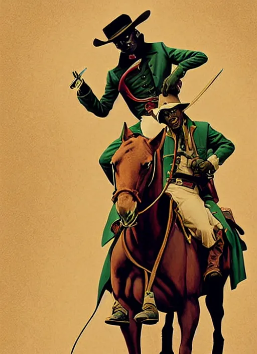 Prompt: poster artwork by Michael Whelan and Tomer Hanuka, of Kermit the Frog riding a horse, from scene from Django Unchained, clean