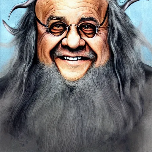 Image similar to danny devito as gandalf, deviantart, smile, ultra realistic illustration, final fantasy, high quality, full color, full body