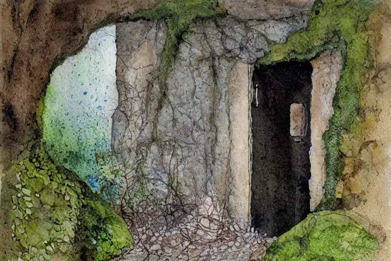 Prompt: closed door of a underground home in a cliff face, trees, moss, mushrooms, ferns, rocky sandy, dust swirling, small path up to door, soft light, james gurney, detailed watercolour, texture, 4k