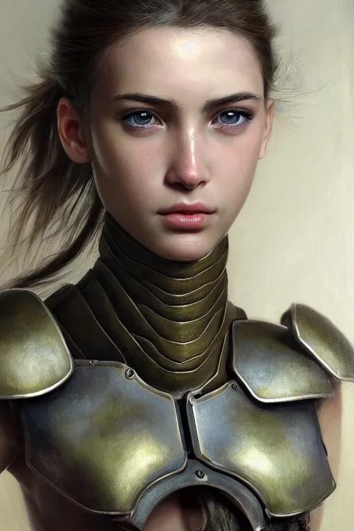 Prompt: a photorealistically painted portrait of an attractive young girl, partially clothed in dull metal-plated battle armor, olive skin, long dark hair, beautiful bone structure, symmetric facial features, perfect eyes, natural physique, intricate, elegant, digital painting, concept art, finely detailed, beautifully illustrated, sharp focus, minimal artifacts, from Metal Gear, by Ruan Jia and Mandy Jurgens and Artgerm and William-Adolphe Bouguerea, in the style of Greg Rutkowski, trending on Artstation, award winning