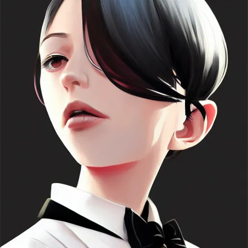 Image similar to girl in tuxedo with black chaotic wavy short haircut, elegant, 2d, ultra highly detailed, digital painting, smooth, sharp focus, artstation, art by Ilya Kuvshinov and Range Murata