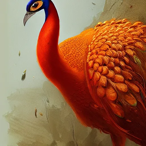 Prompt: a portrait of an orange peacock,digital art,ultra realistic,ultra detailed,art by greg rutkowski,dramatic