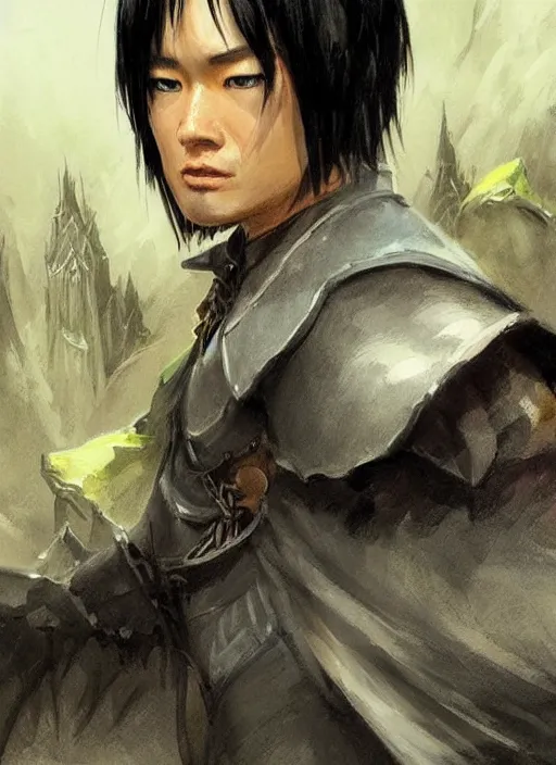 Image similar to asian with medium black hair man looking down at camera, low angle, camera low, dndbeyond, bright, colourful, realistic, dnd character portrait, full body, pathfinder, pinterest, art by ralph horsley, dnd, rpg, lotr game design fanart by concept art, behance hd, artstation, deviantart, hdr render in unreal engine 5