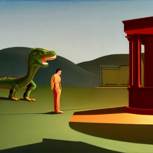 Image similar to painting of the extinction of the dinosaurs with asteroid and fire, in the style of edward hopper