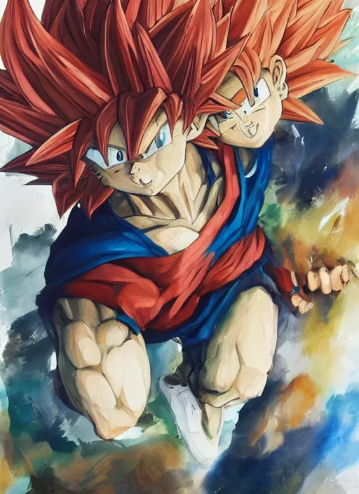 Image similar to semi reallistic gouache gesture painting, by yoshitaka amano, by ruan jia, by Conrad roset, by dofus online artists, detailed anime 3d render of goku KID super Saiyan, young goku blond,crono, Dragon Quest, crono, goku, portrait, cgsociety, artstation, rococo mechanical, Digital reality, sf5 ink style, dieselpunk atmosphere, gesture drawn