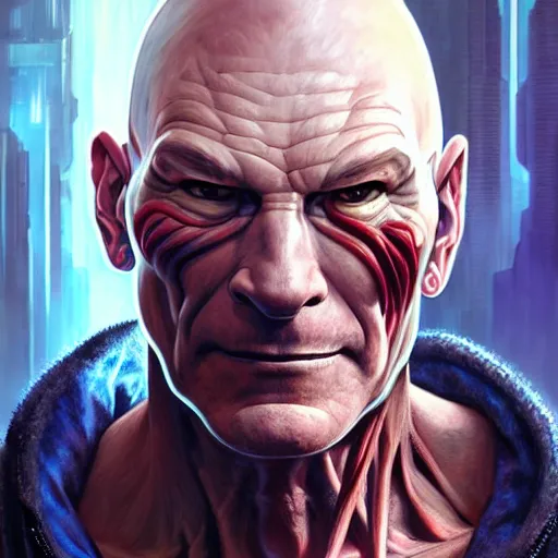 Prompt: portrait painting of a cyberpunk orc doctor muscular patrick stewart, ultra realistic, concept art, intricate details, eerie, highly detailed, photorealistic, octane render, 8 k, unreal engine. art by artgerm and greg rutkowski and charlie bowater and magali villeneuve and alphonse mucha