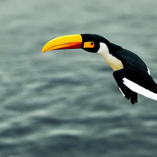 Prompt: A toucan flying across a dark lake